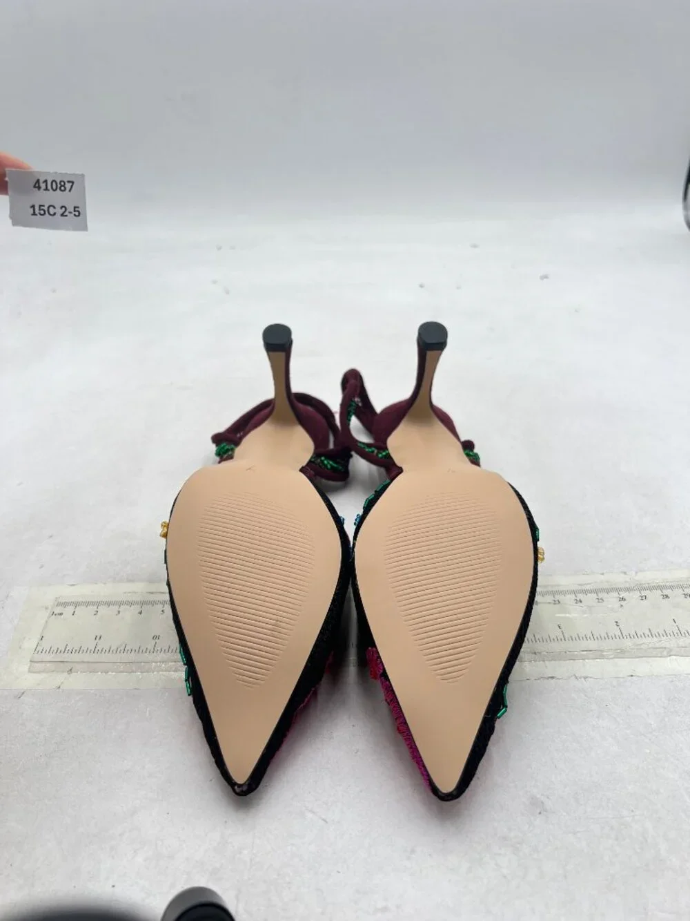 Miss left Dark Red Flower Embroidered Pointed Toe Slingback Pumps Slip on Sandal